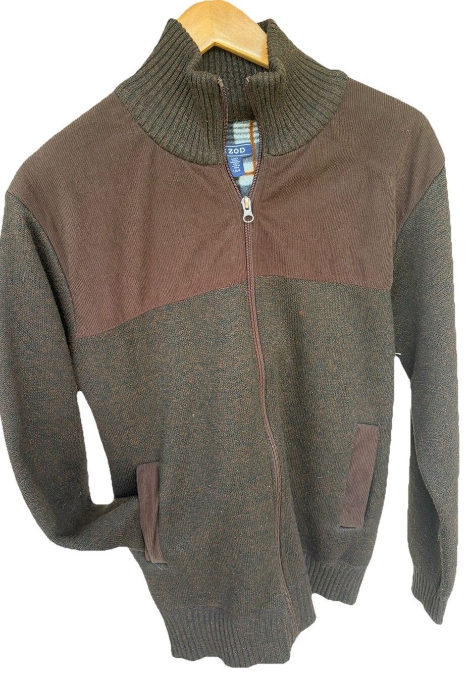 Vintage Izod Sweater Jacket Mens L Brown Full Zip Knit Plaid Fleece Lined Casual